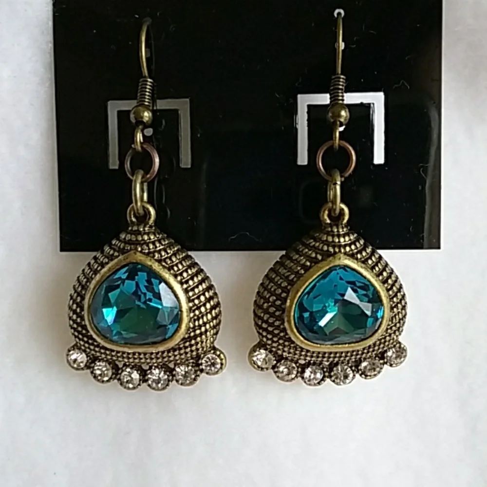 Brass earrings with blue & rhinestones